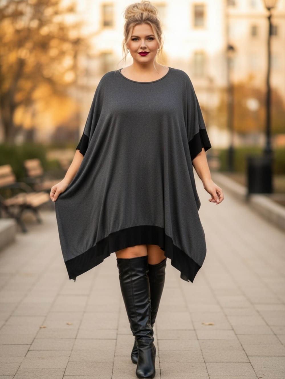 Simple Suzanne Betro Contrast Handkerchief Hem Boatneck Oversized Dress